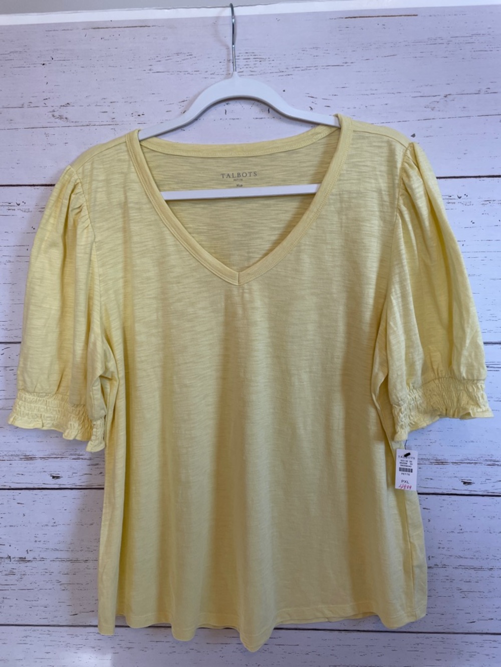 Talbots Pale Yellow V-Neck Short Puff Sleeve Top,size XL Petite, NWT